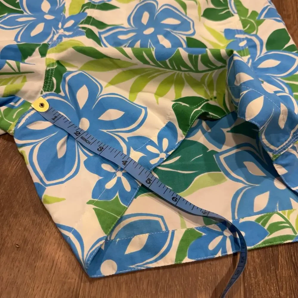 LL Bean Womens Green White Blue Hibiscus Floral Board Swim Shorts Size 8